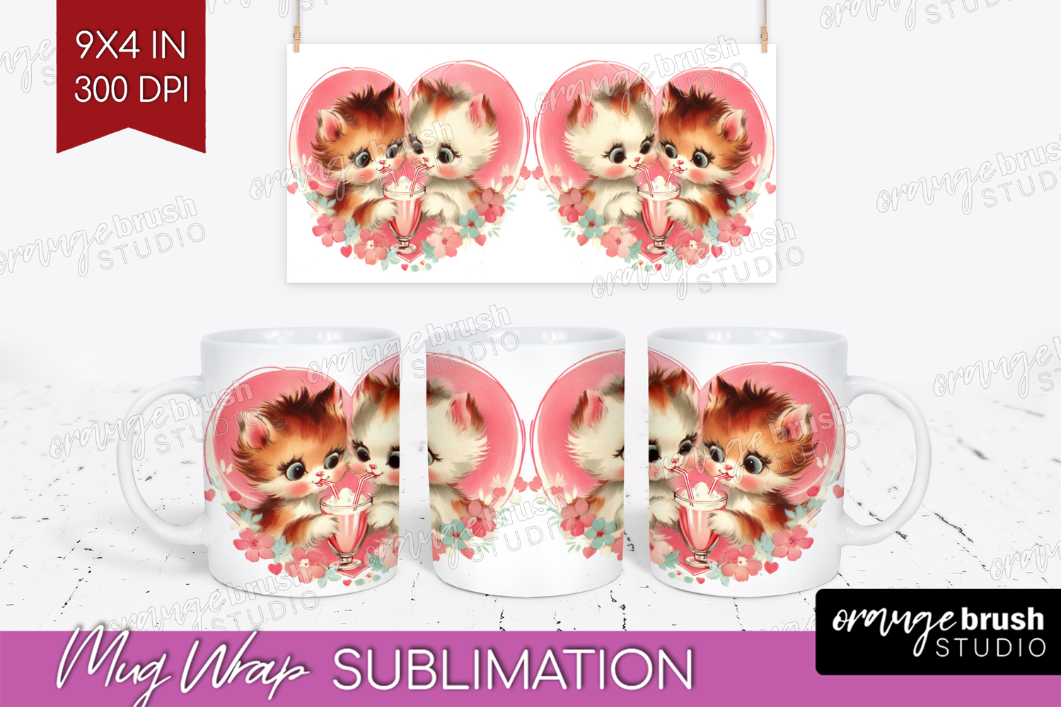 Vintage Valentines Day Mug Wrap - Retro Animal Mug PNG product image 1