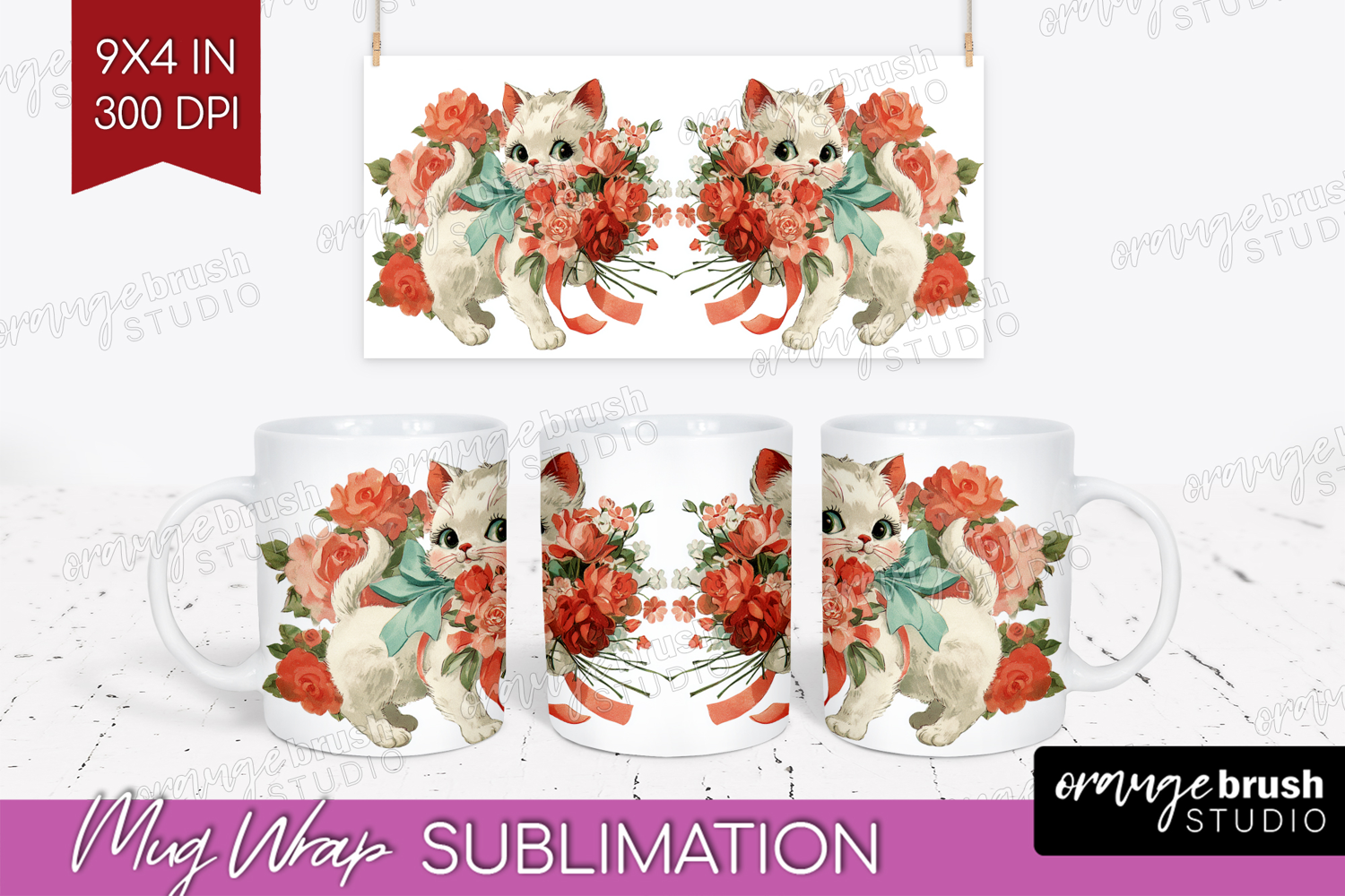 Vintage Valentines Day Mug Wrap - Retro Animal Mug PNG product image 1