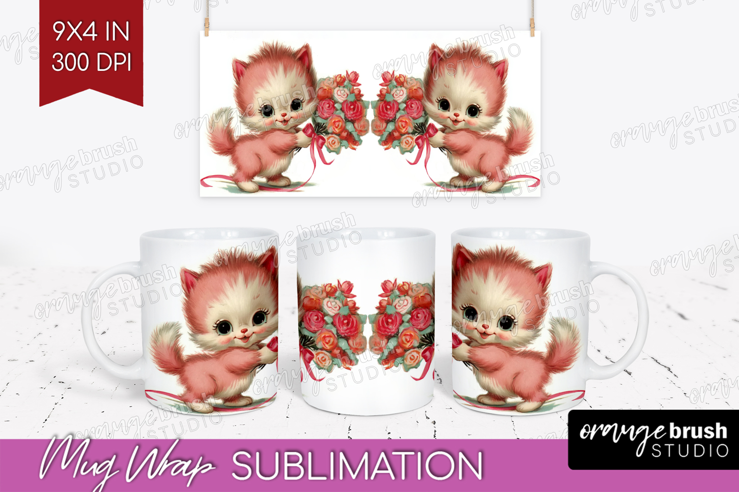 Vintage Valentines Day Mug Wrap - Retro Animal Mug PNG product image 1