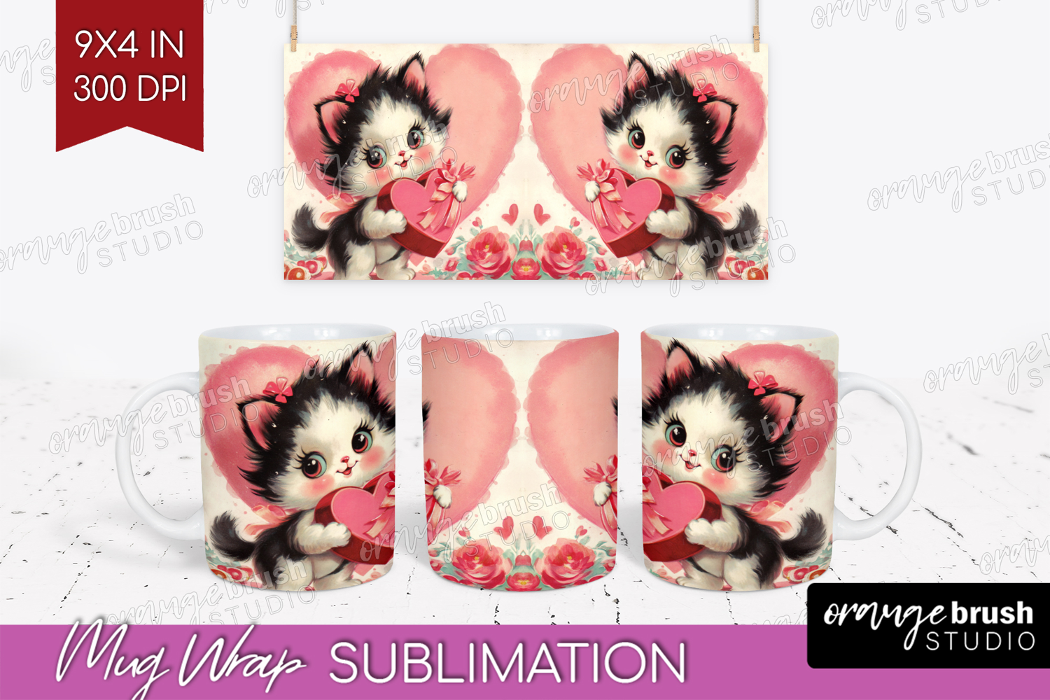 Vintage Valentines Day Mug Wrap - Retro Animal Mug PNG product image 1