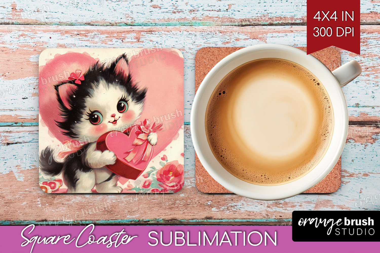 Vintage Valentines Day Square Coaster - Retro Animal Coaster product image 1