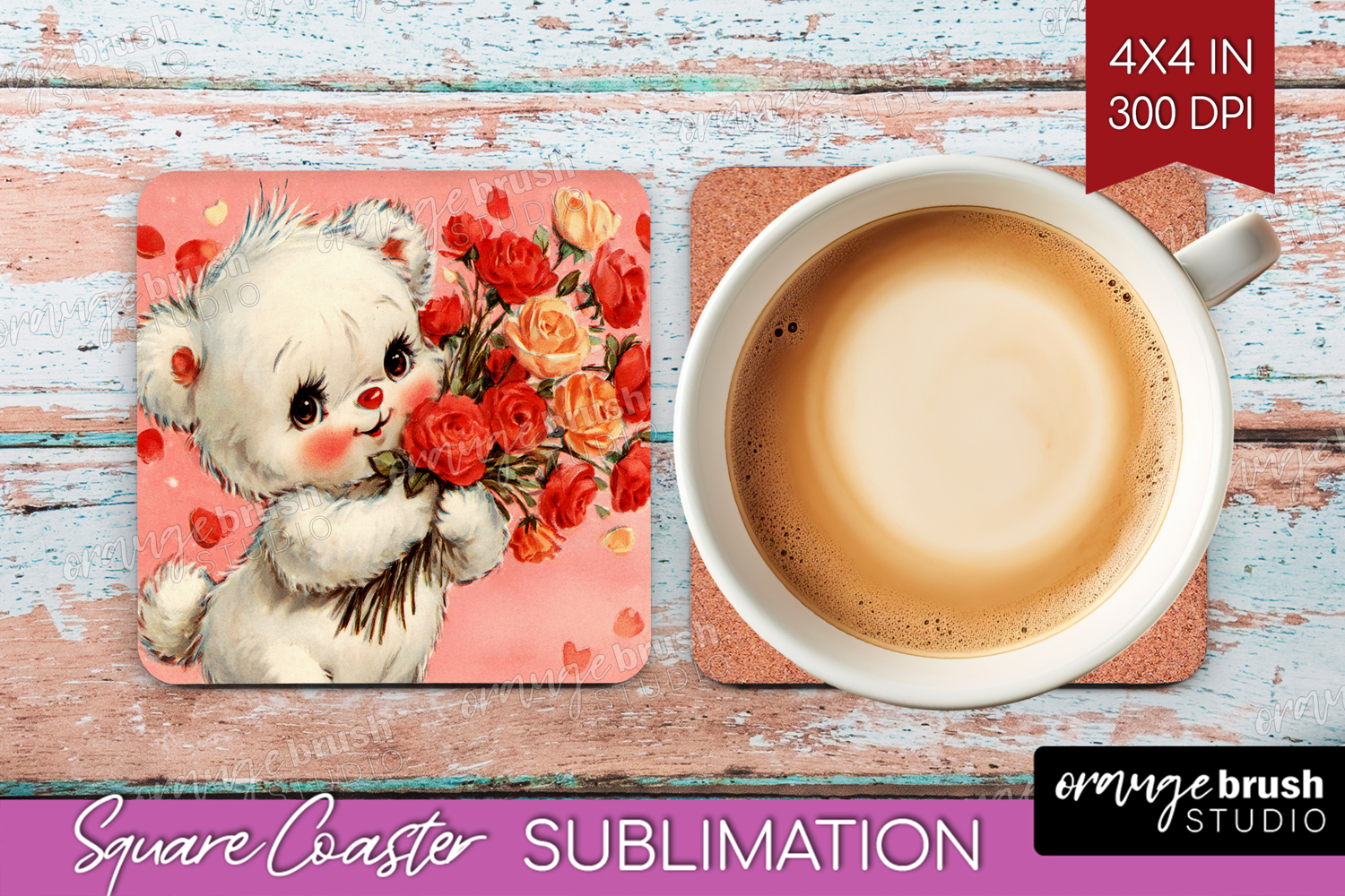 Vintage Valentines Day Square Coaster - Retro Animal Coaster product image 1