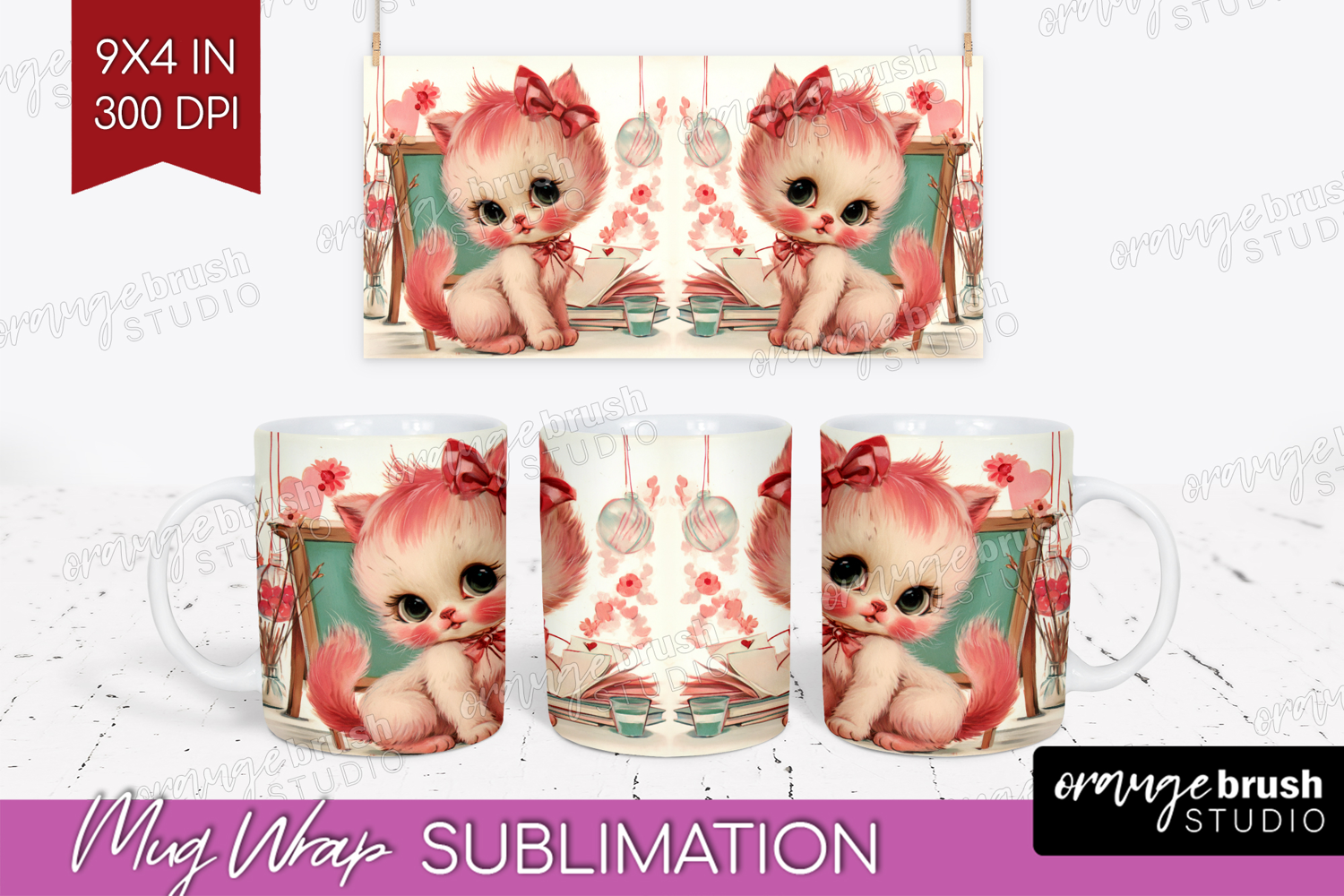 Vintage Valentines Day Mug Wrap - Retro Animal Mug PNG product image 1