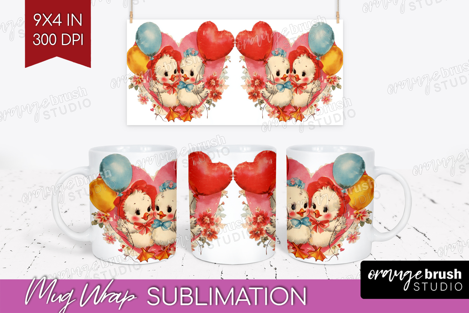 Vintage Valentines Day Mug Wrap - Retro Animal Mug PNG product image 1