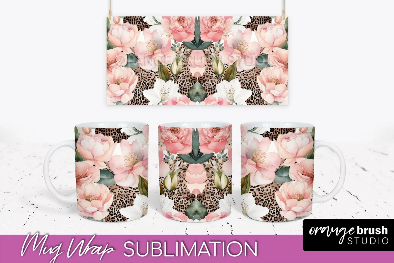 Pink Watercolor Flowers Mug Wrap - Floral Mug Sublimation product image 1