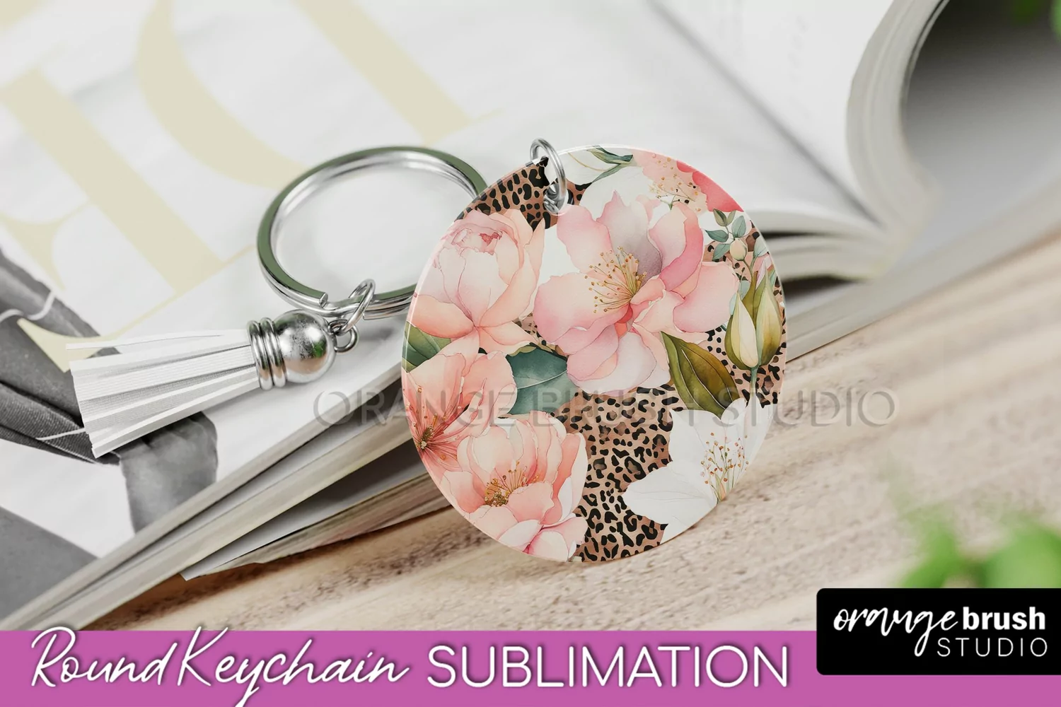 Pink Flowers Keychain, Floral Keychain Sublimation Design product image 1