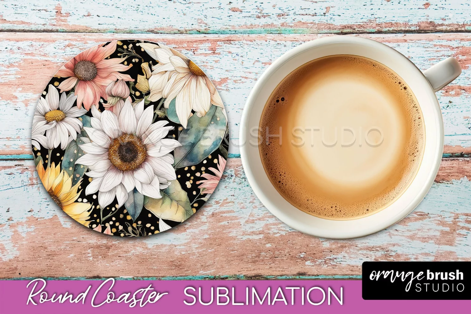Watercolor Flowers Round Coaster - Floral Pink Sublimation product image 1