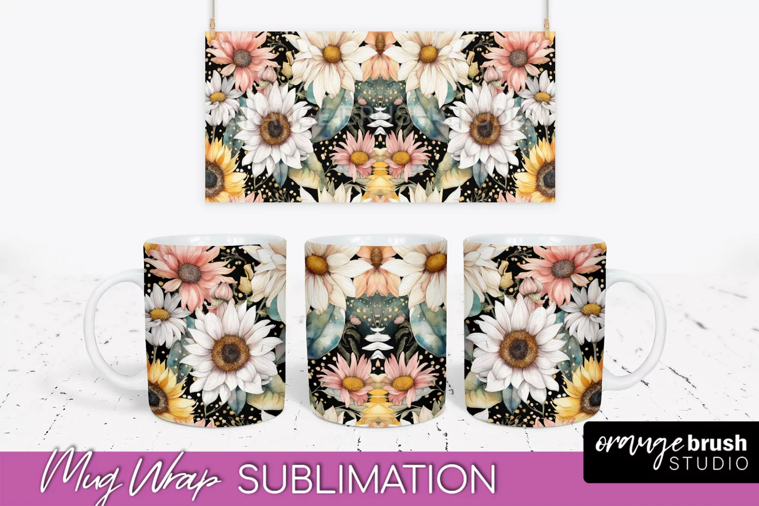 Pink Watercolor Flowers Mug Wrap - Floral Mug Sublimation product image 1