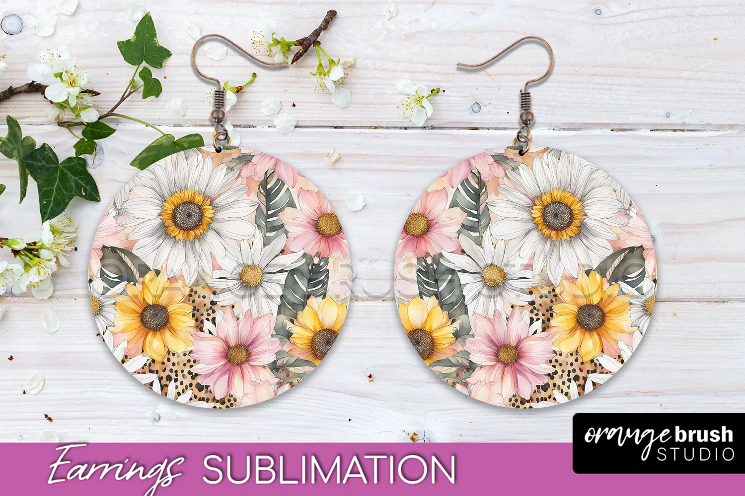 Watercolor Flowers Earrings, Pink Floral Earring Sublimation product image 1