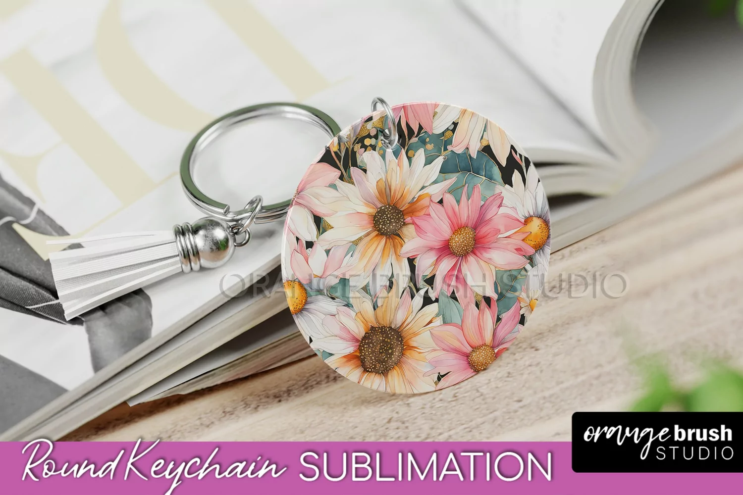 Pink Flowers Keychain, Floral Keychain Sublimation Design product image 1