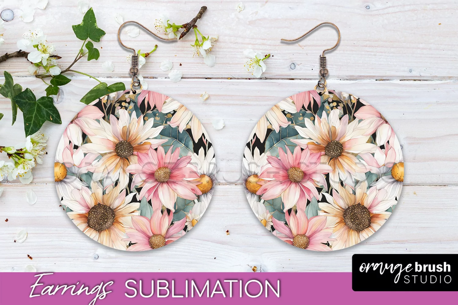 Watercolor Flowers Earrings, Pink Floral Earring Sublimation product image 1
