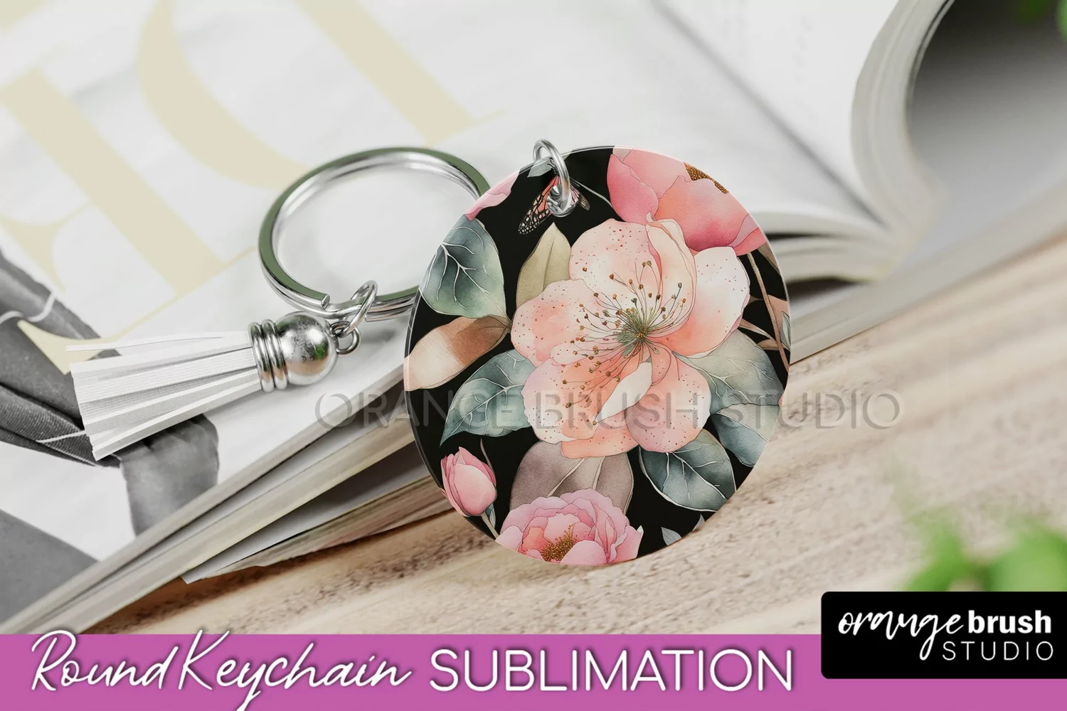 Pink Flowers Keychain, Floral Keychain Sublimation Design product image 1