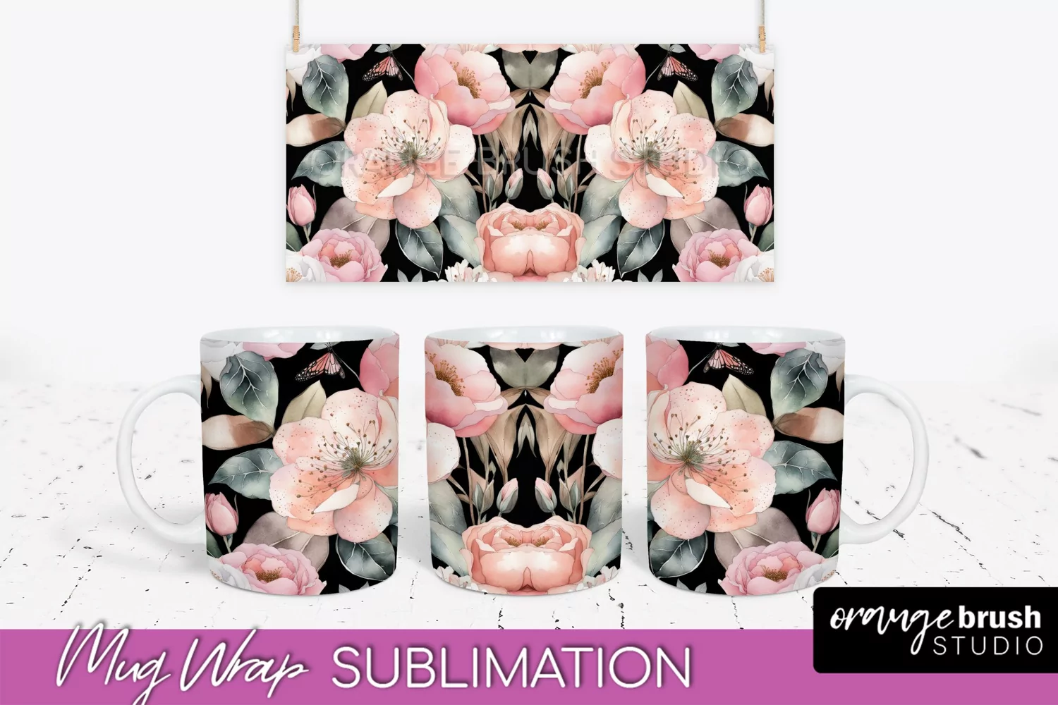 Pink Watercolor Flowers Mug Wrap - Floral Mug Sublimation product image 1