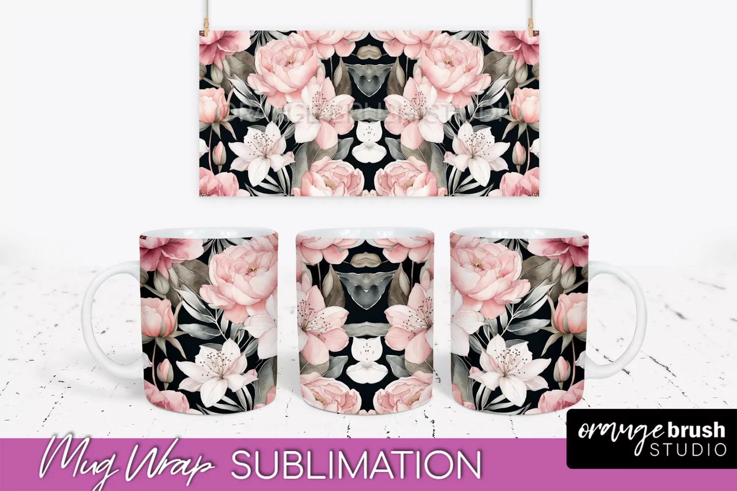 Pink Watercolor Flowers Mug Wrap - Floral Mug Sublimation product image 1