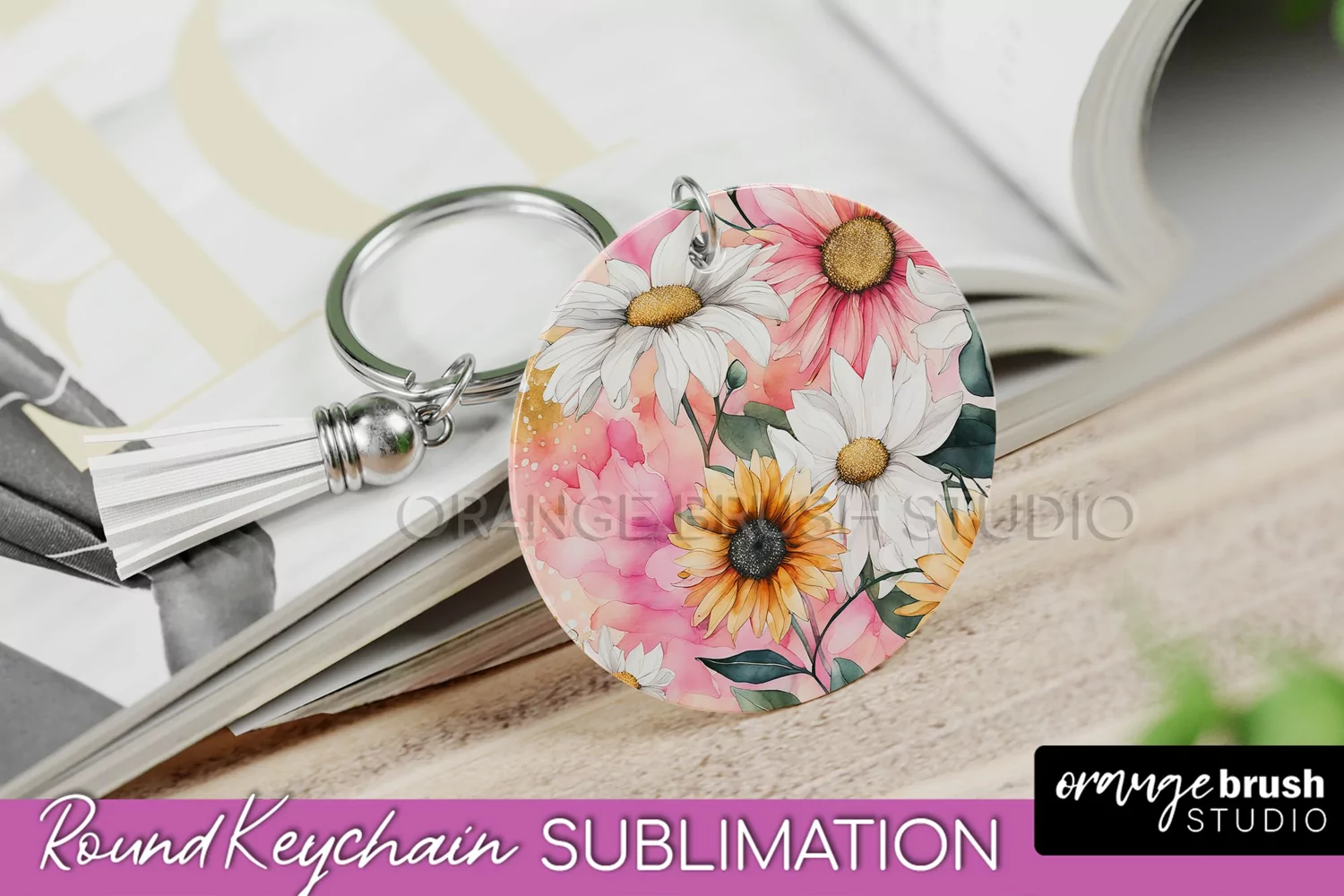 Pink Flowers Keychain, Floral Keychain Sublimation Design product image 1