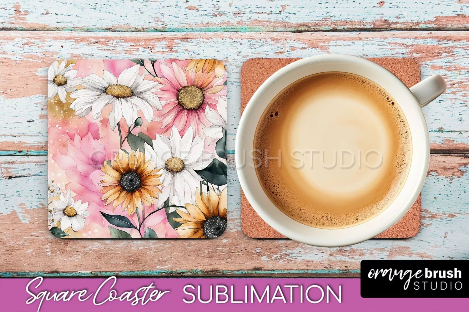 Watercolor Flowers Square Coaster - Floral Pink Sublimation product image 1