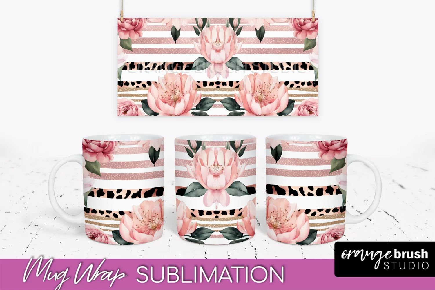 Pink Watercolor Flowers Mug Wrap - Floral Mug Sublimation product image 1