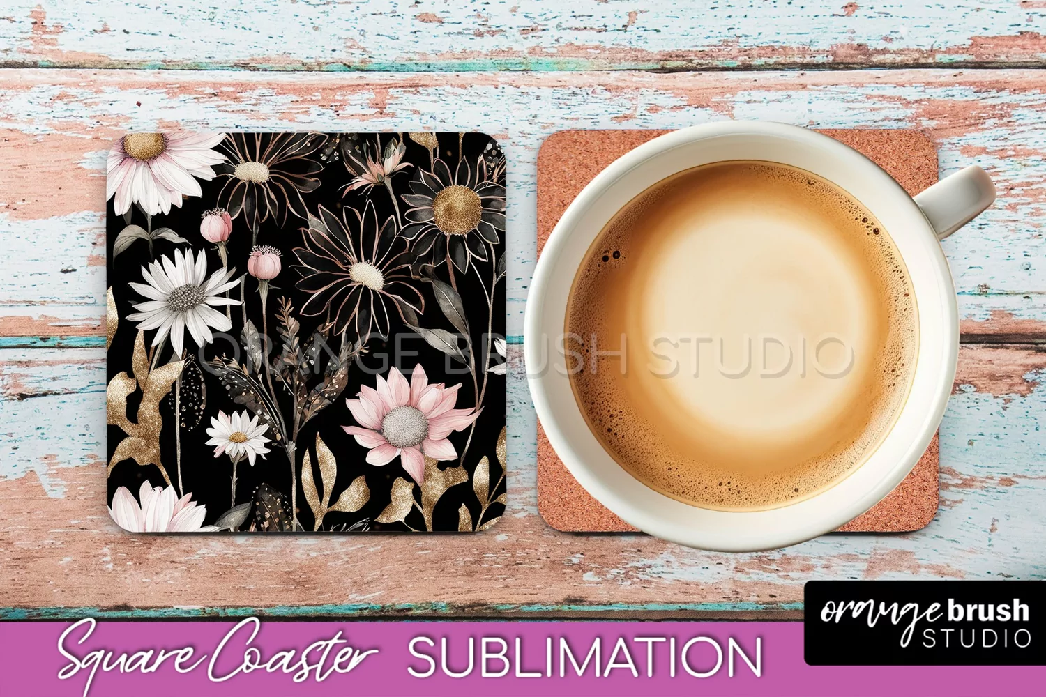 Watercolor Flowers Square Coaster - Floral Pink Sublimation product image 1