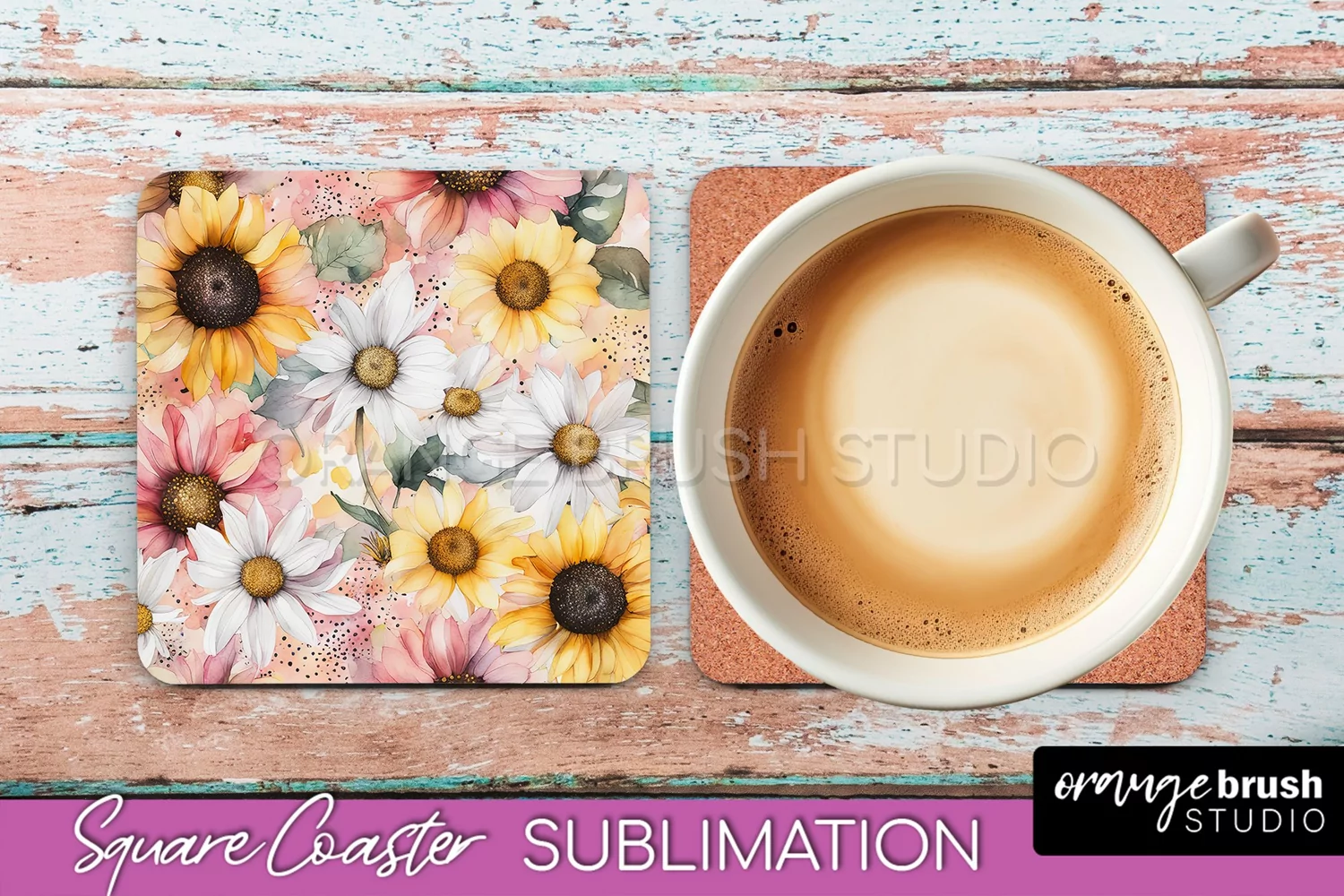 Watercolor Flowers Square Coaster - Floral Pink Sublimation product image 1