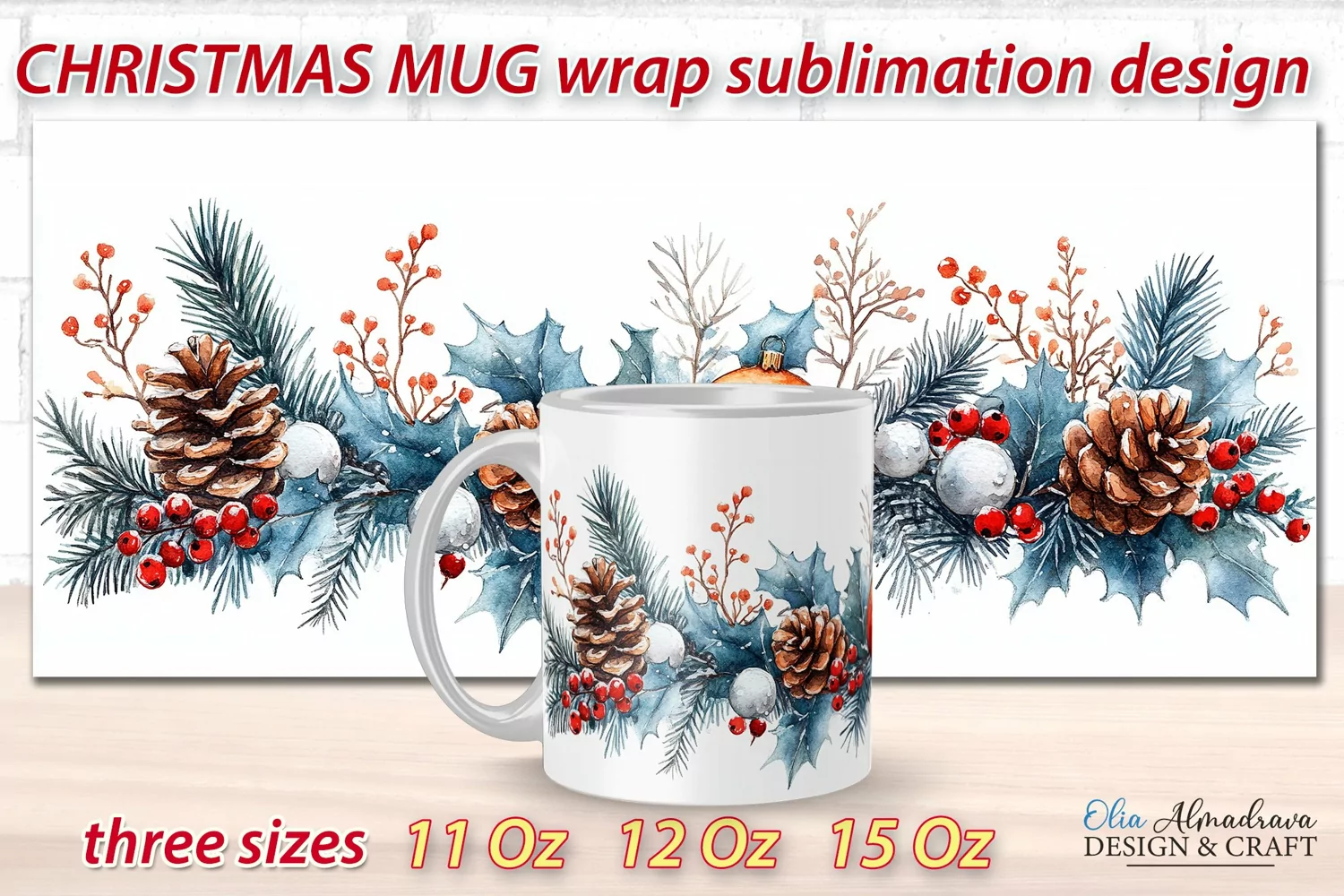 Beautiful festive Christmas wrap design for sublimation on 11Oz, 12Oz and 15Oz MUGS with cute watercolor patterns. 