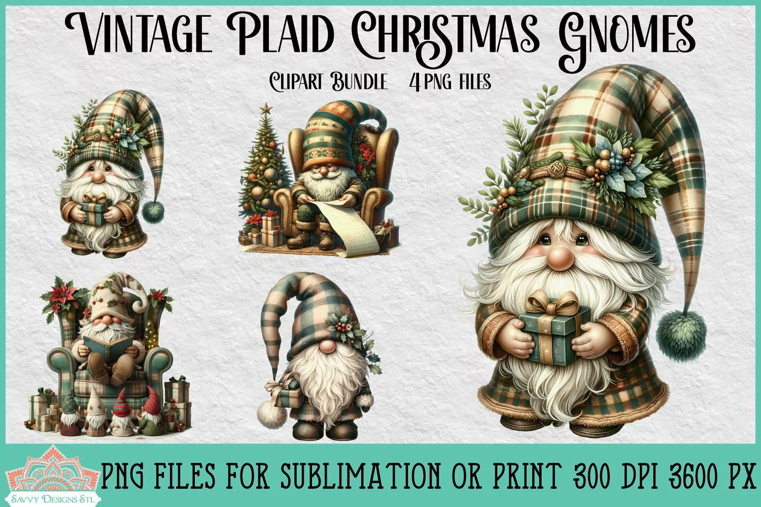 Vintage Plaid Christmas Gnomes | Christmas Clipart product image 1