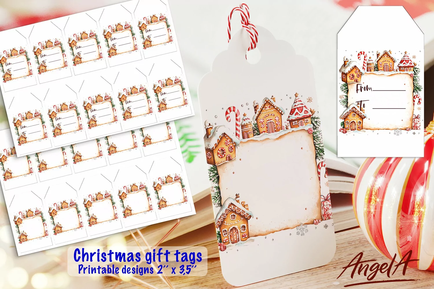 Merry Christmas printable gift tags, retro gingerbread house product image 1