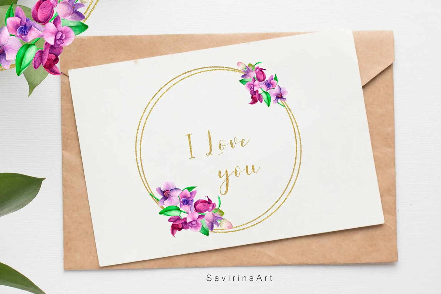 Watercolor gold frame Orchids Tropic,Watercolor Siblimation. product image 1