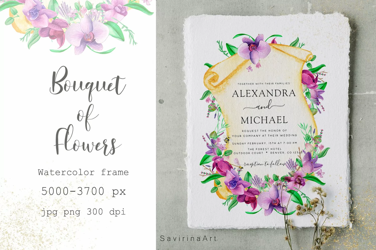 Watercolor frame Orchids Tropic Banner invitation paper. product image 1