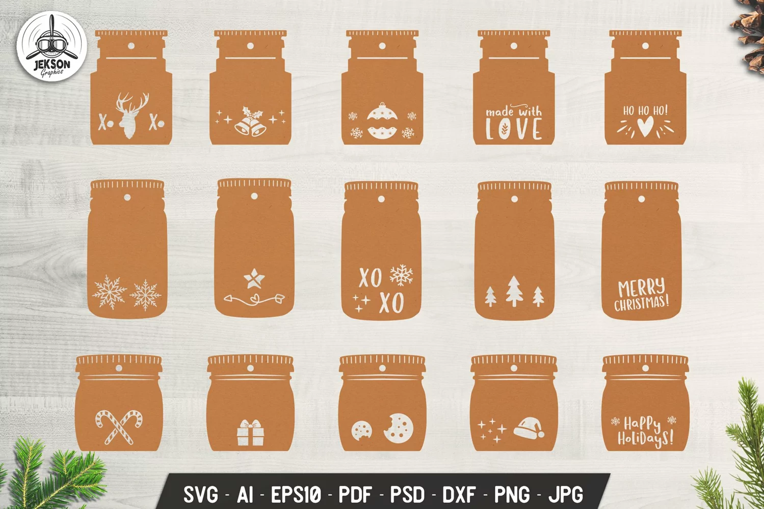 Christmas-Gift-Tags-Jar-Decor-Preview featuring 15 designs on wood background