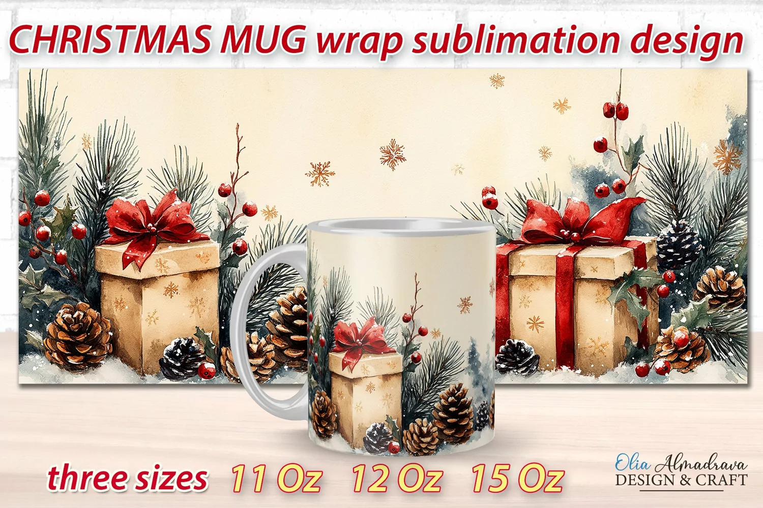 Beautiful festive Christmas wrap design for sublimation on 11Oz, 12Oz and 15Oz MUGS with cute watercolor patterns.