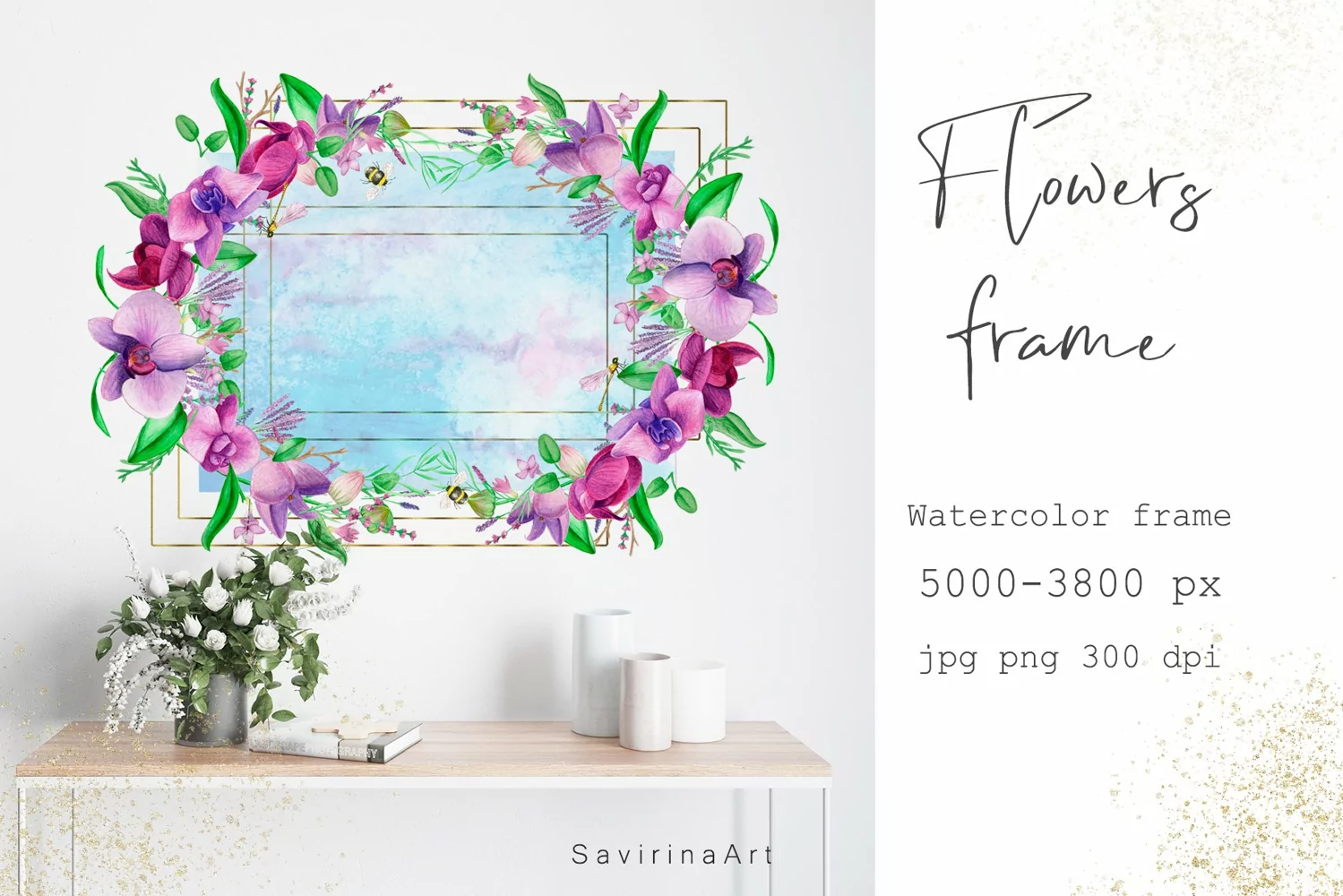 Watercolor frame Orchids Tropic Banner invitation paper. product image 1