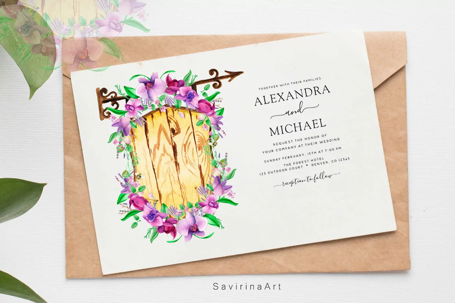 Watercolor frame Orchids Tropic Banner invitation paper. product image 1