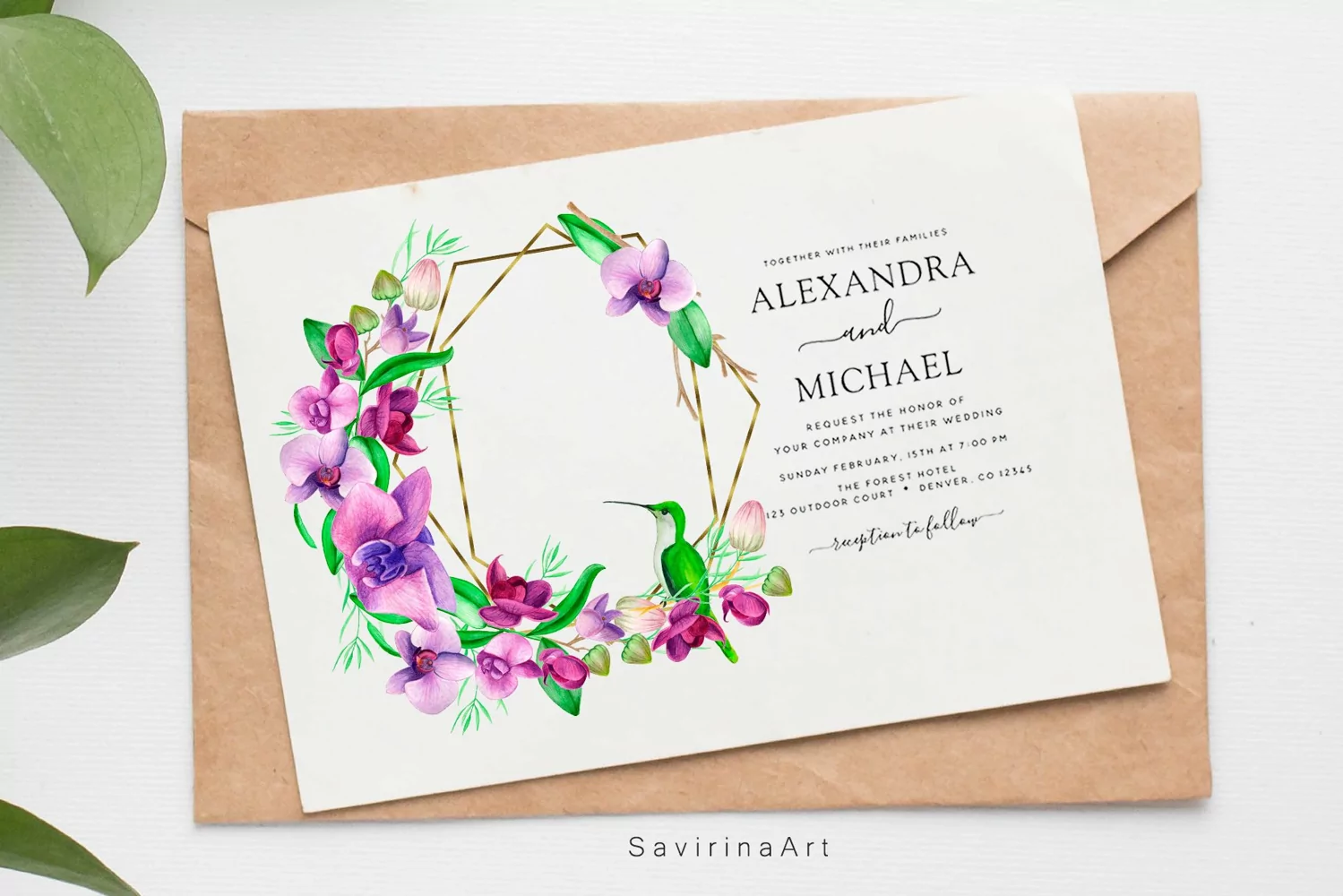 Watercolor gold frame Orchids Tropic,Watercolor Siblimation. product image 1