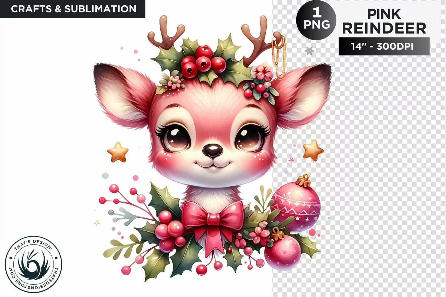 Cute Pink Reindeer PNG Clipart Christmas sublimation product image 1