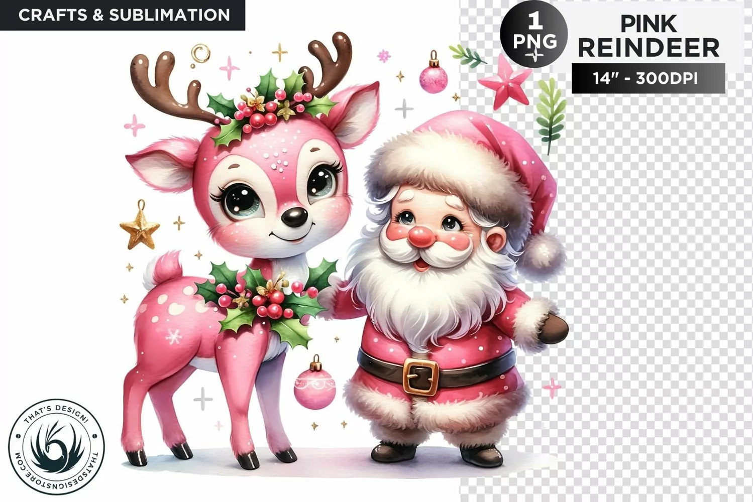 Cute Pink Reindeer with Santa PNG Clipart sublimation product image 1