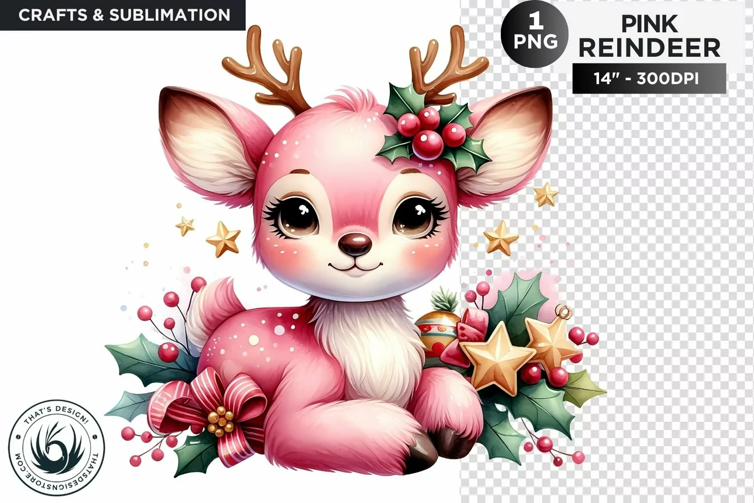 Cute Pink Reindeer PNG Clipart Christmas sublimation product image 1