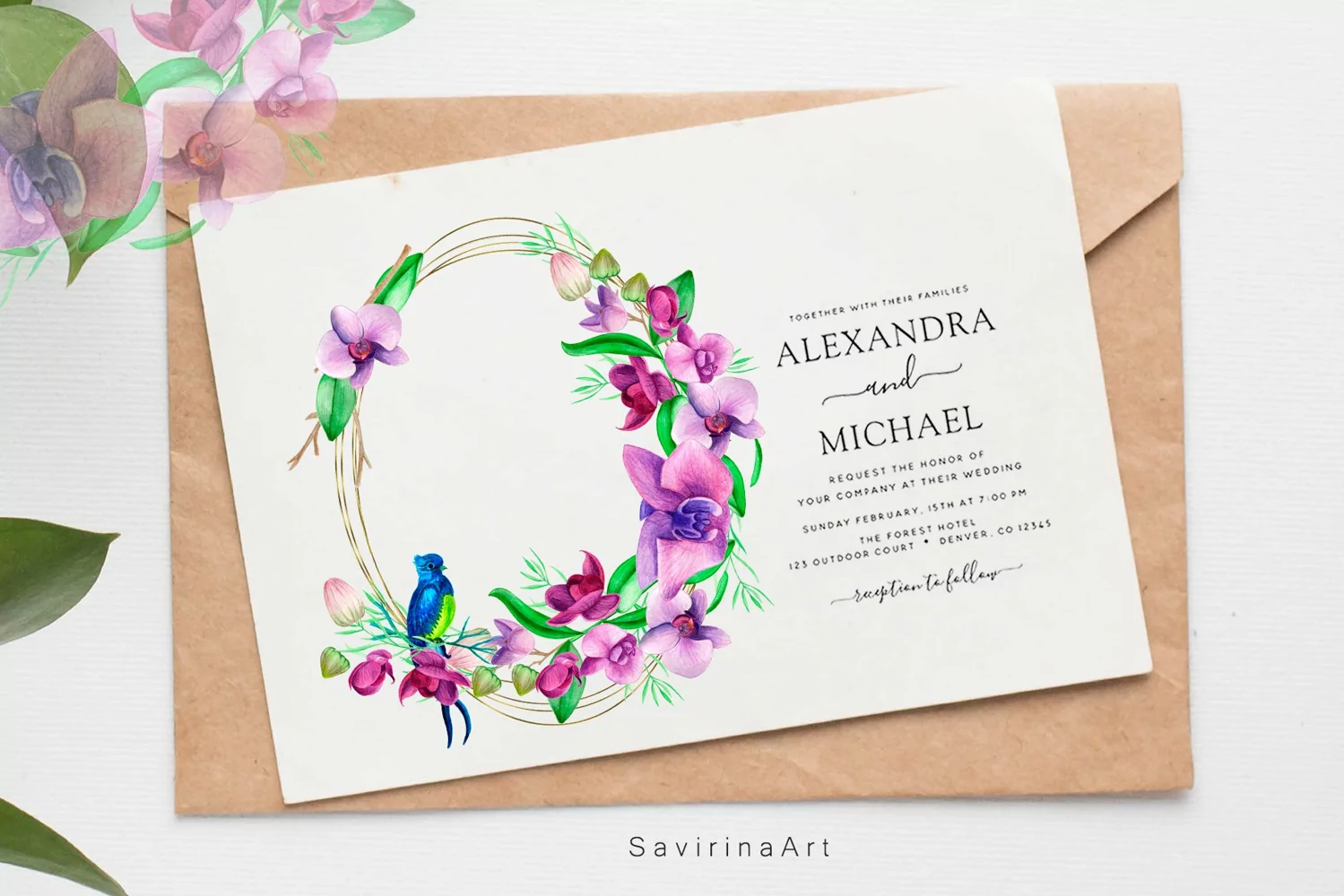 Watercolor gold frame Orchids Tropic,Watercolor Siblimation. product image 1