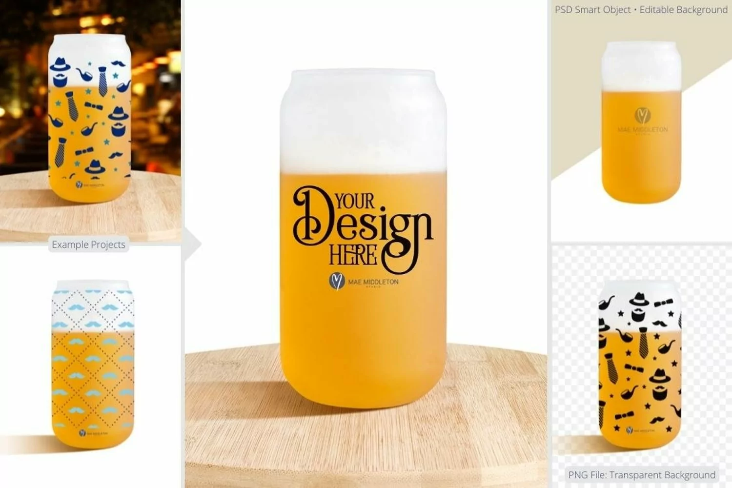 Mock up photo of frosted glass with beer on tray and example projects