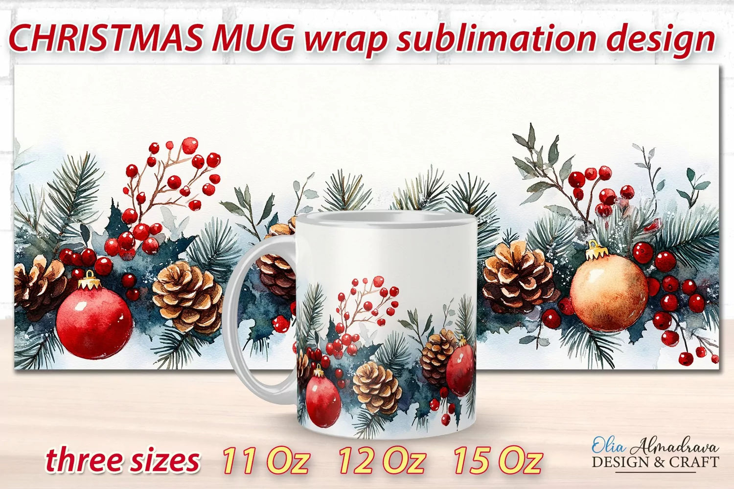 Beautiful festive Christmas wrap design for sublimation on 11Oz, 12Oz and 15Oz MUGS with cute watercolor patterns.