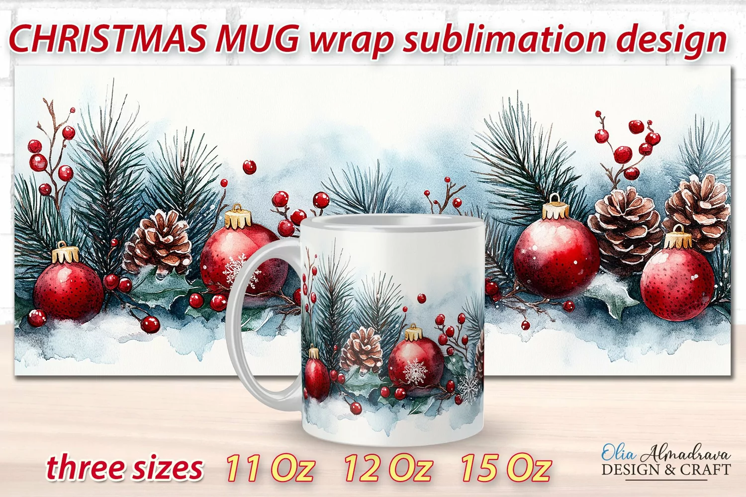 Beautiful festive Christmas wrap design for sublimation on 11Oz, 12Oz and 15Oz MUGS with cute watercolor patterns.