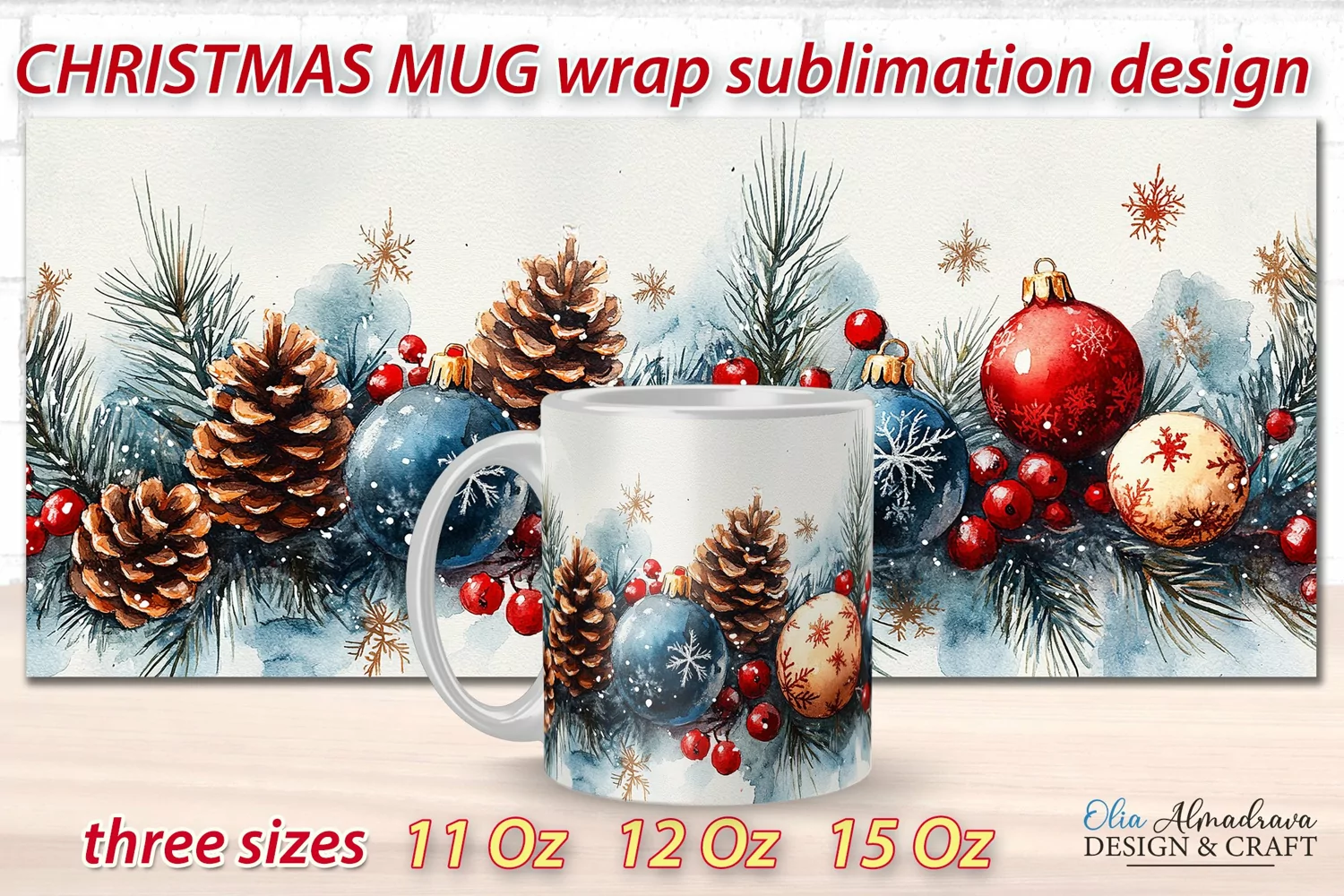 Beautiful festive Christmas wrap design for sublimation on 11Oz, 12Oz and 15Oz MUGS with cute watercolor patterns.