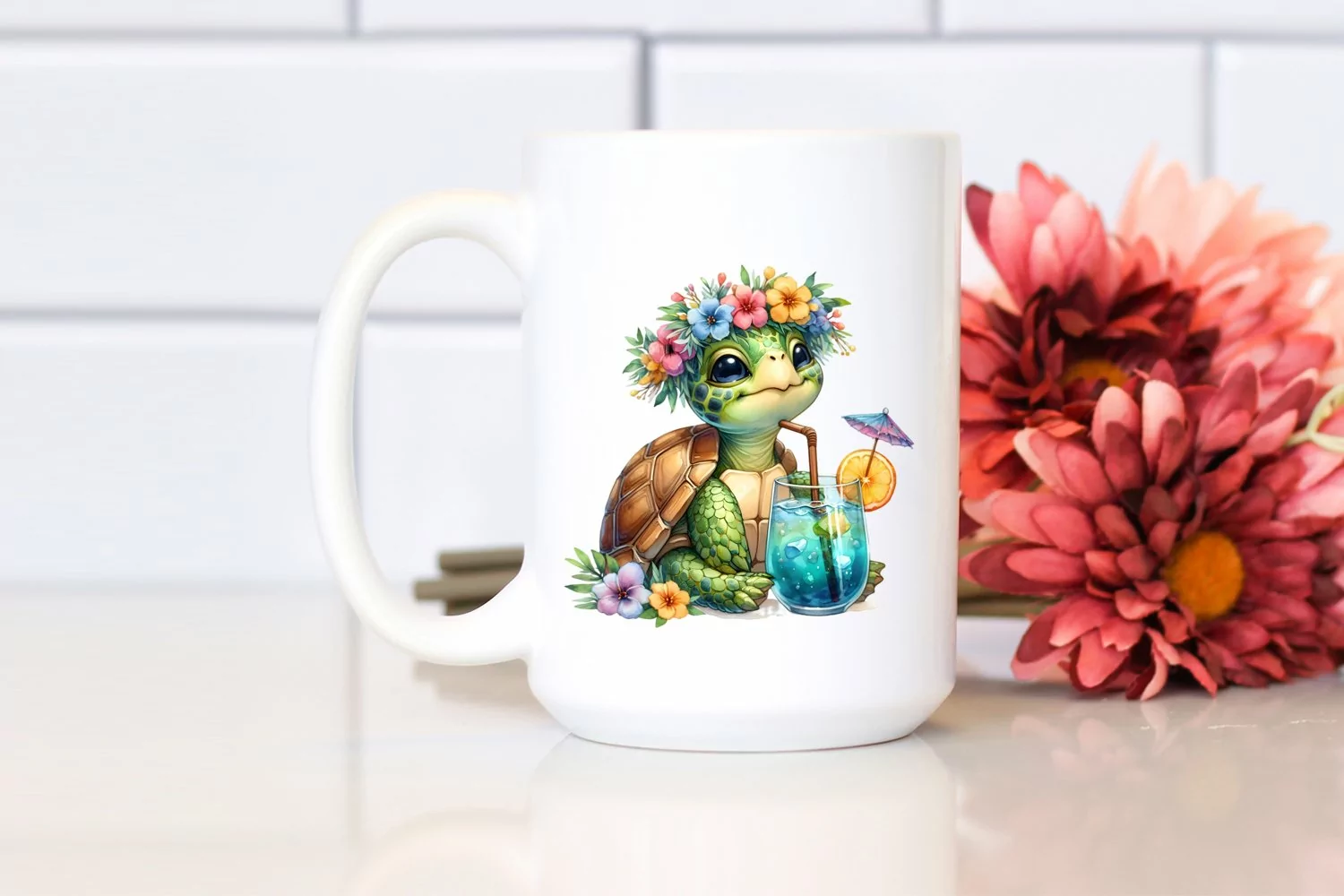 Watercolor Young Turtle enjoying Cocktail Clipart product image 1