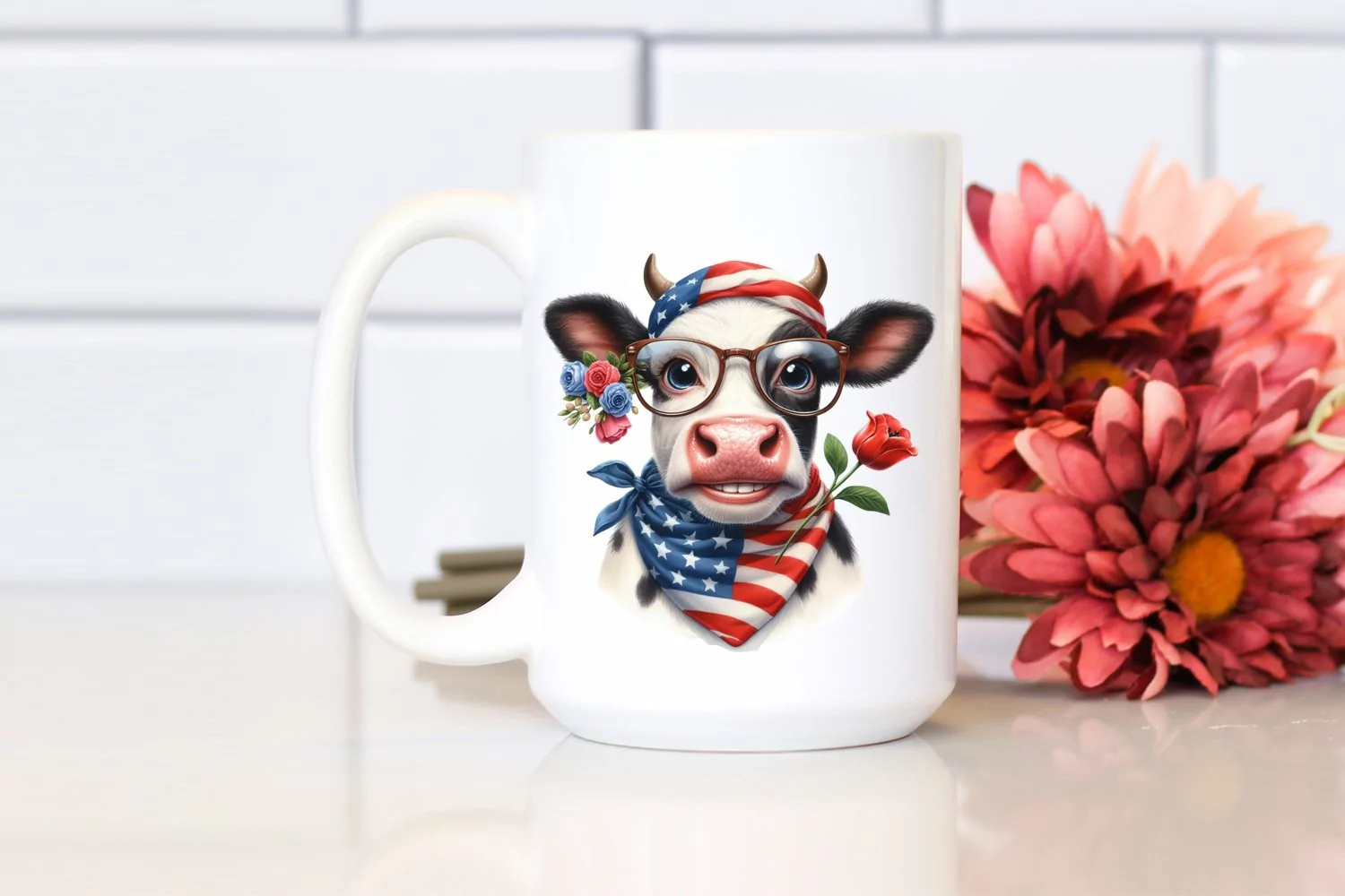 Enthusiastic Cow Portrait Wearing USA Flag Colors with Tulip product image 1