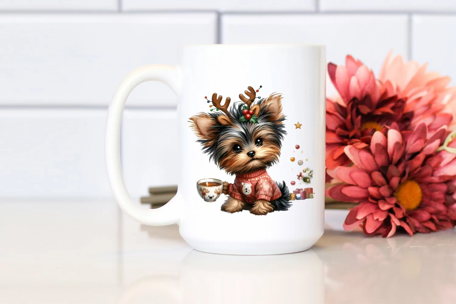 Energetic Yorkshire Terrier with Reindeer Horns PNG product image 1