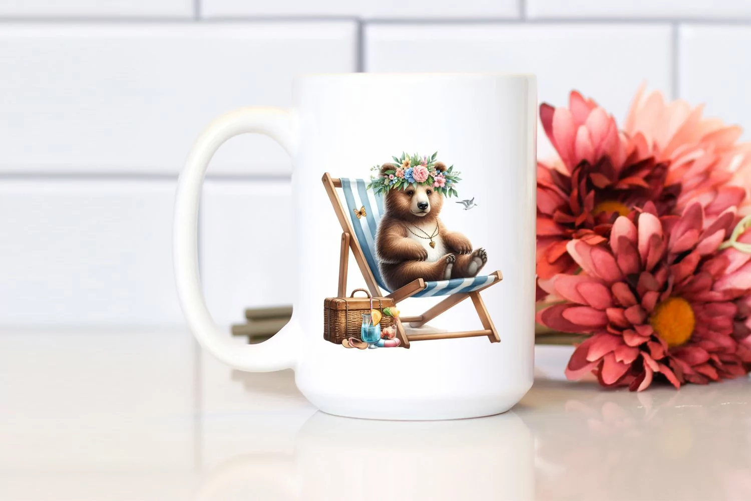 Young Bear with Flower Wreath on Beach Chair | Clipart product image 1