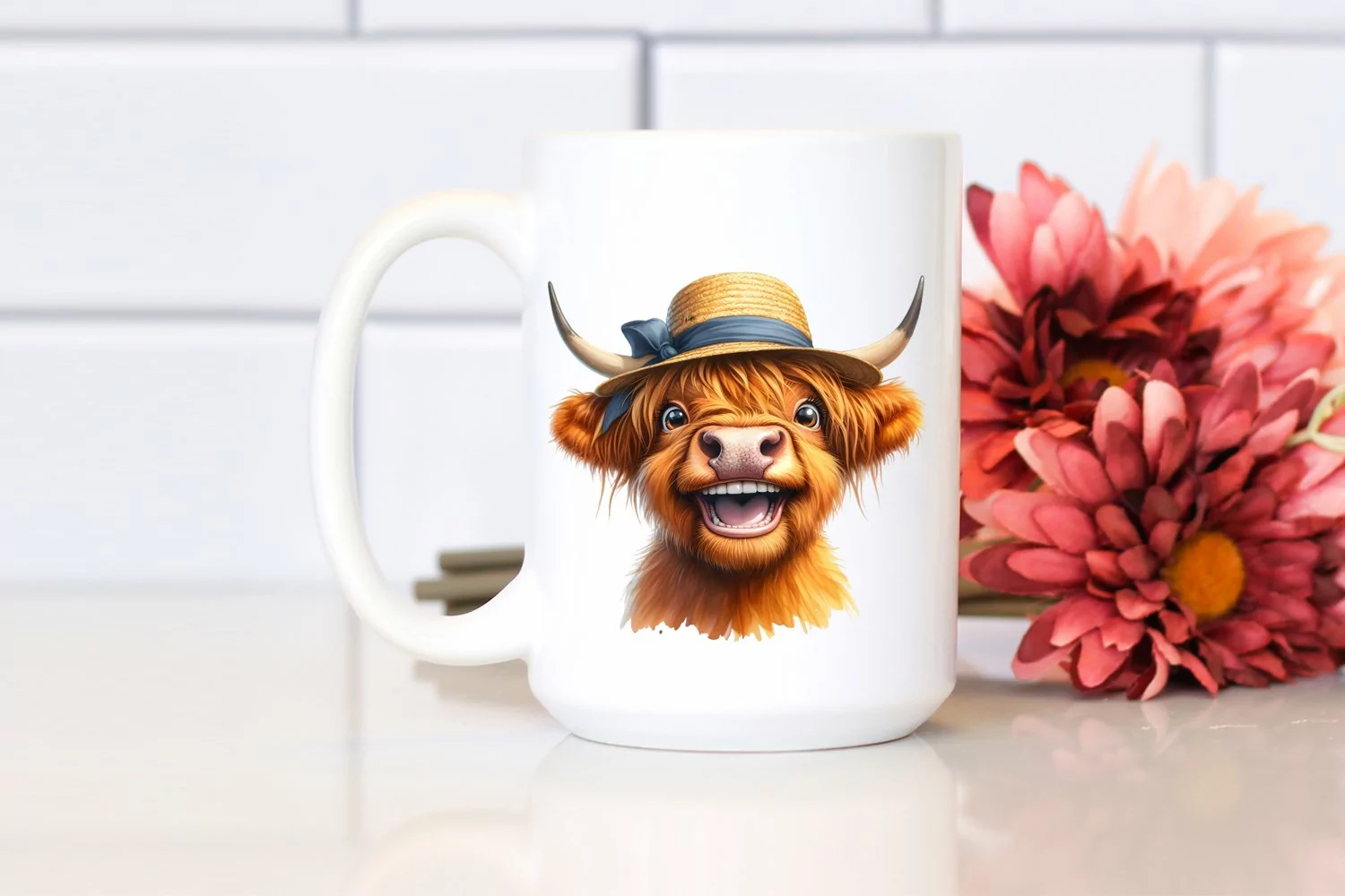 Cow Enthusiastic Highland Cow with Sun Hat Clipart product image 1