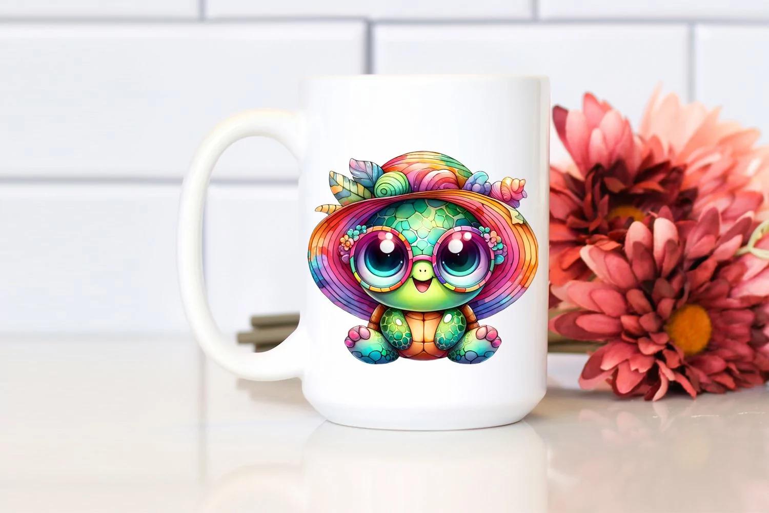 Colorful Baby Turtle with Sunglasses and Sun Hat | Clipart product image 1