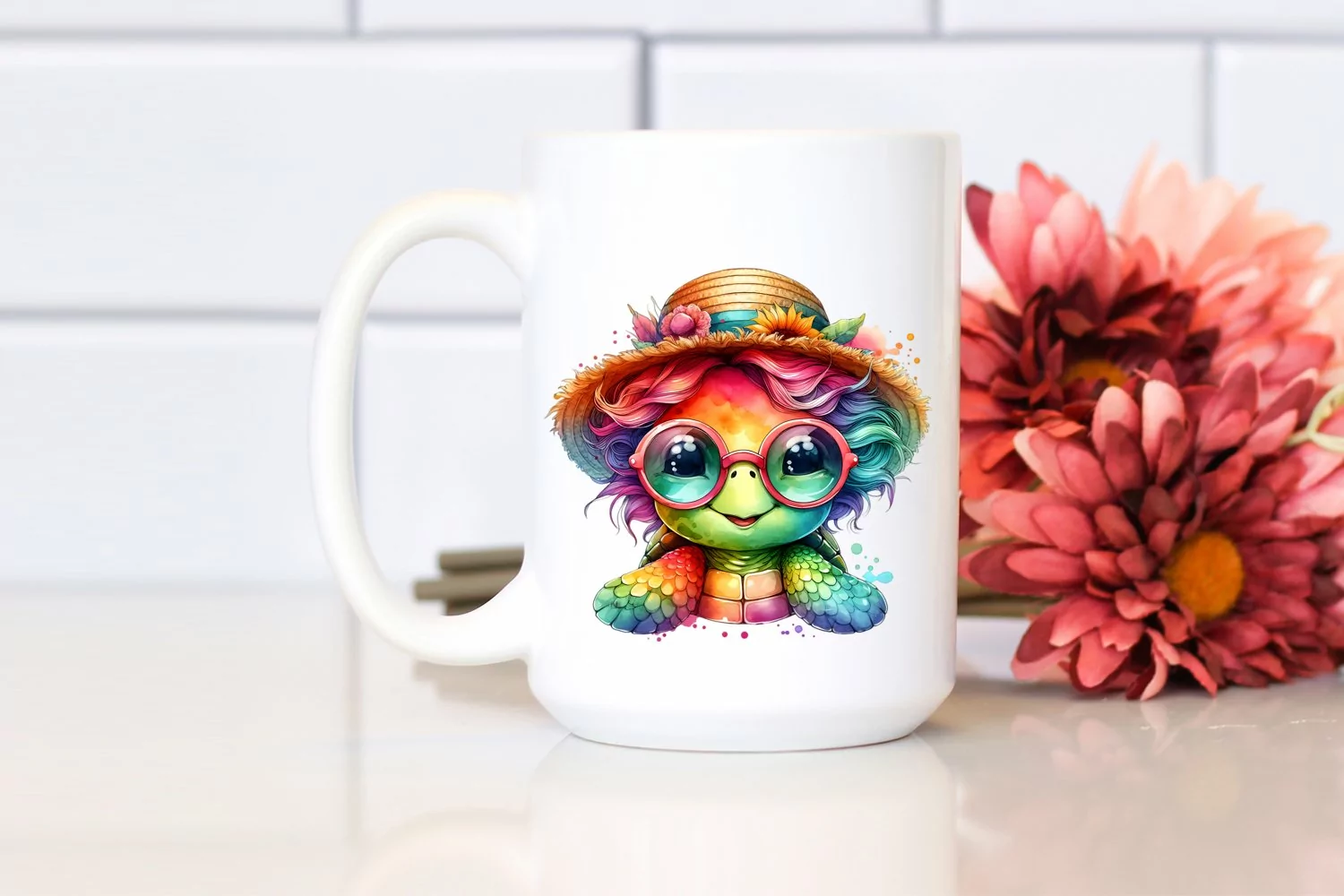 Colorful Baby Turtle with Sunglasses and Sun Hat | Clipart product image 1
