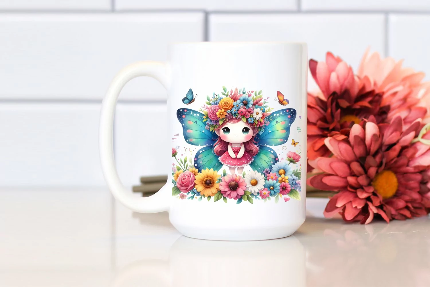 Cartoon-Style Butterfly with Flower Crown | Clipart product image 1