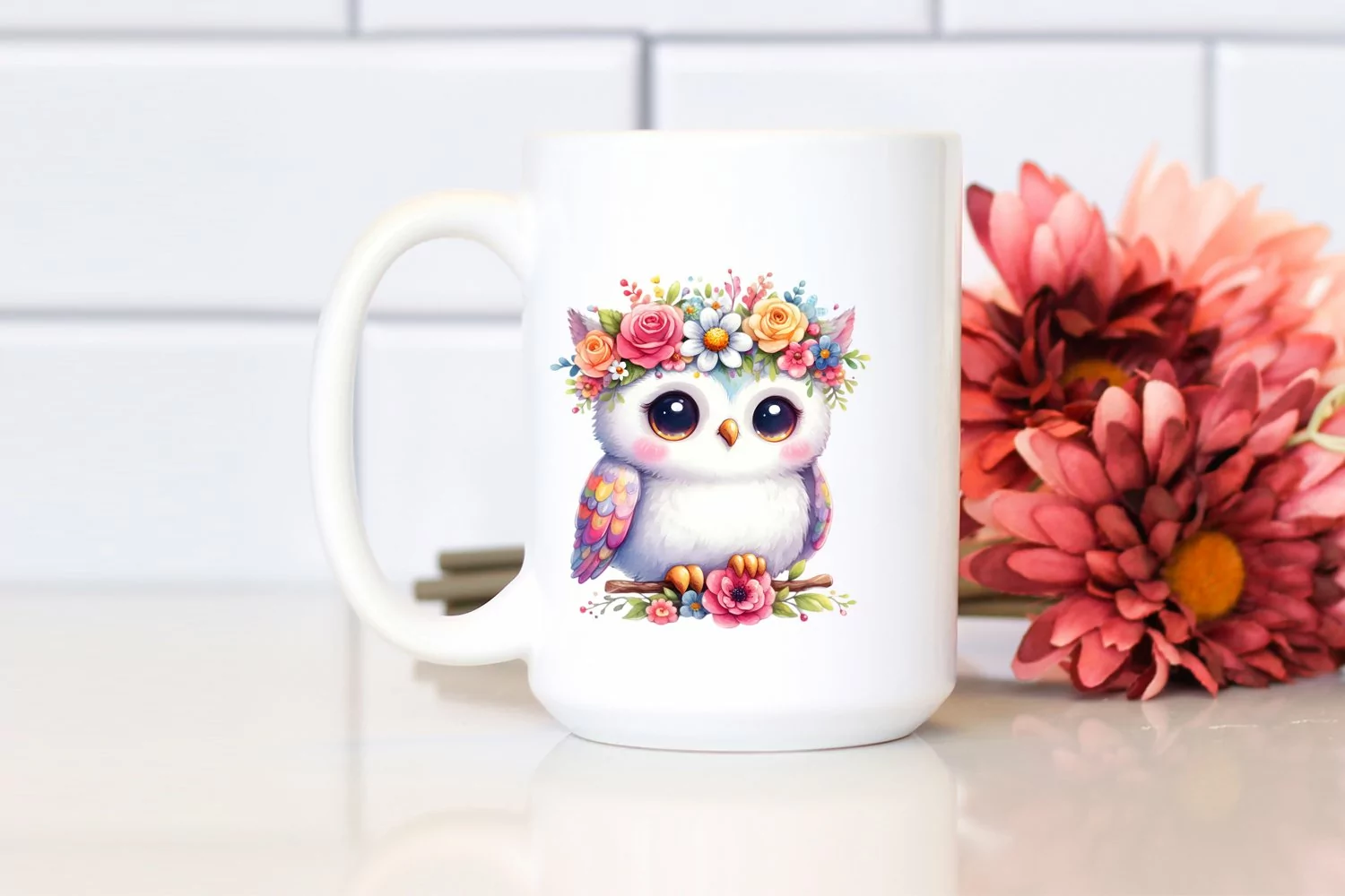 Cute Watercolor Owl with Vibrant Flower Crown | Clipart product image 1